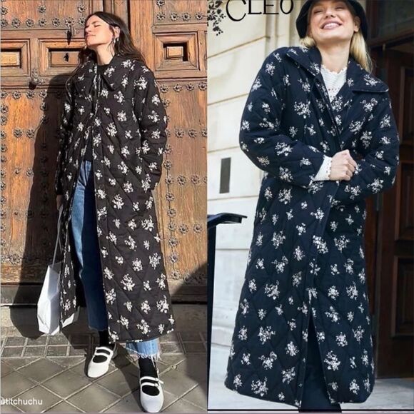 Rixo Cleo Ditsy Bunch Black Longline Quilted Jacket - Picture 1 of 14